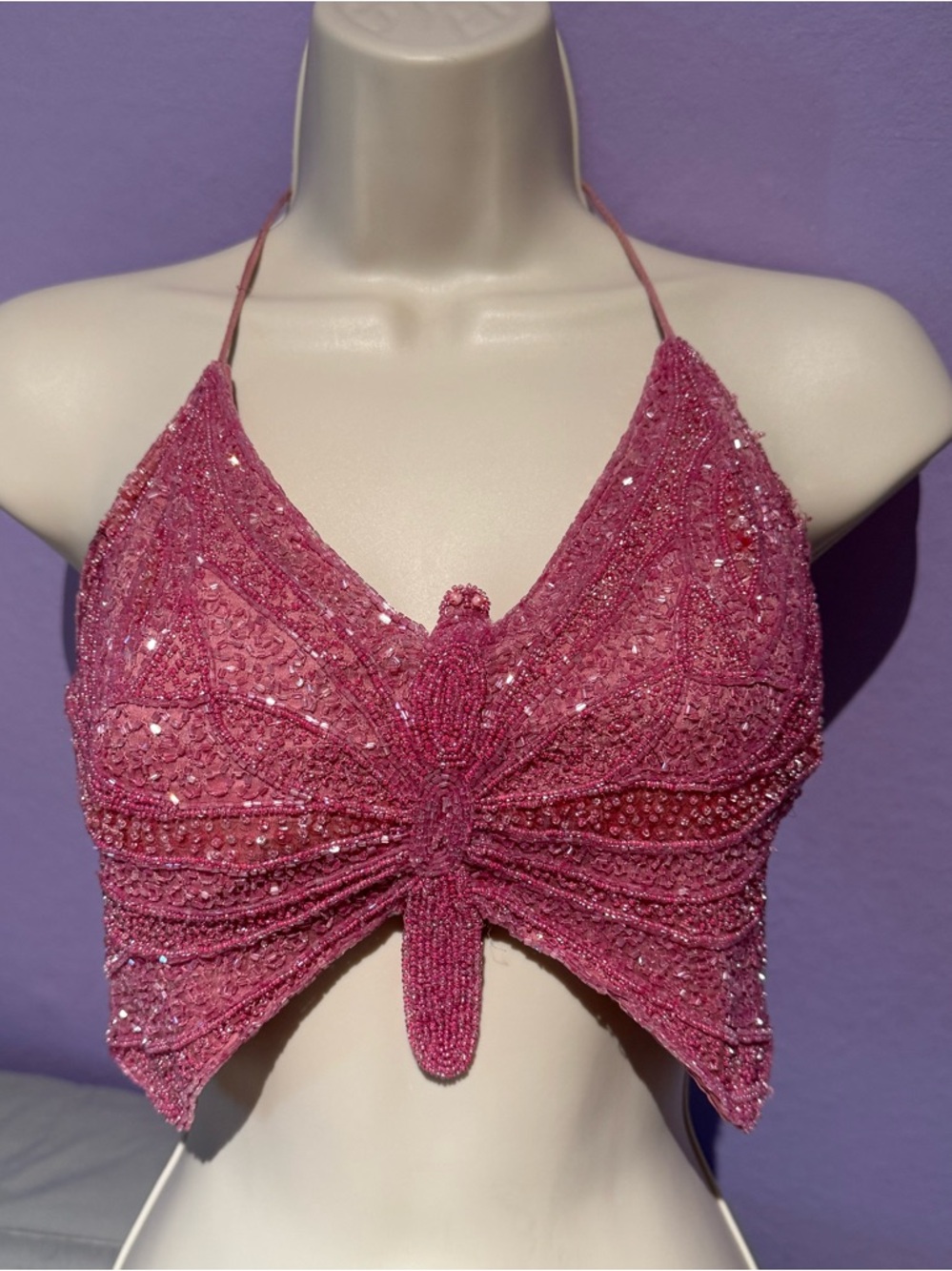Vintage Beaded Pink Butterfly Halter Crop Top size medium